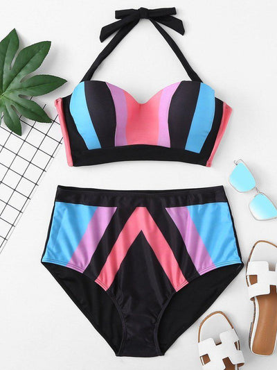 Colorblock Halter Bikini Set-swimwear-Des Mess