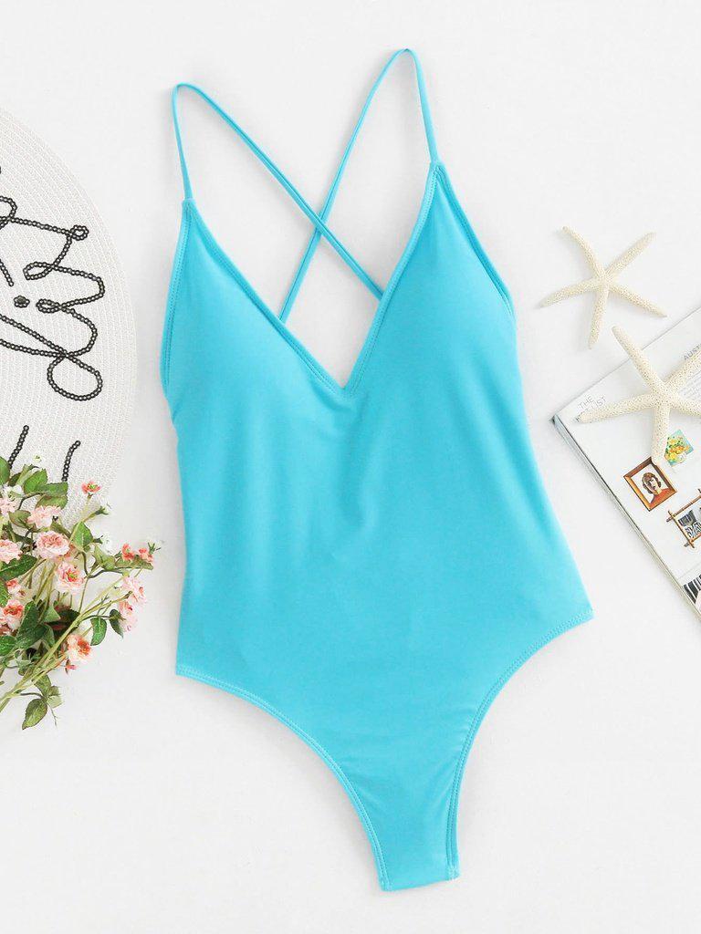 Lace Up Back Ruched Detail Plunge Swimsuit-swimwear-Des Mess