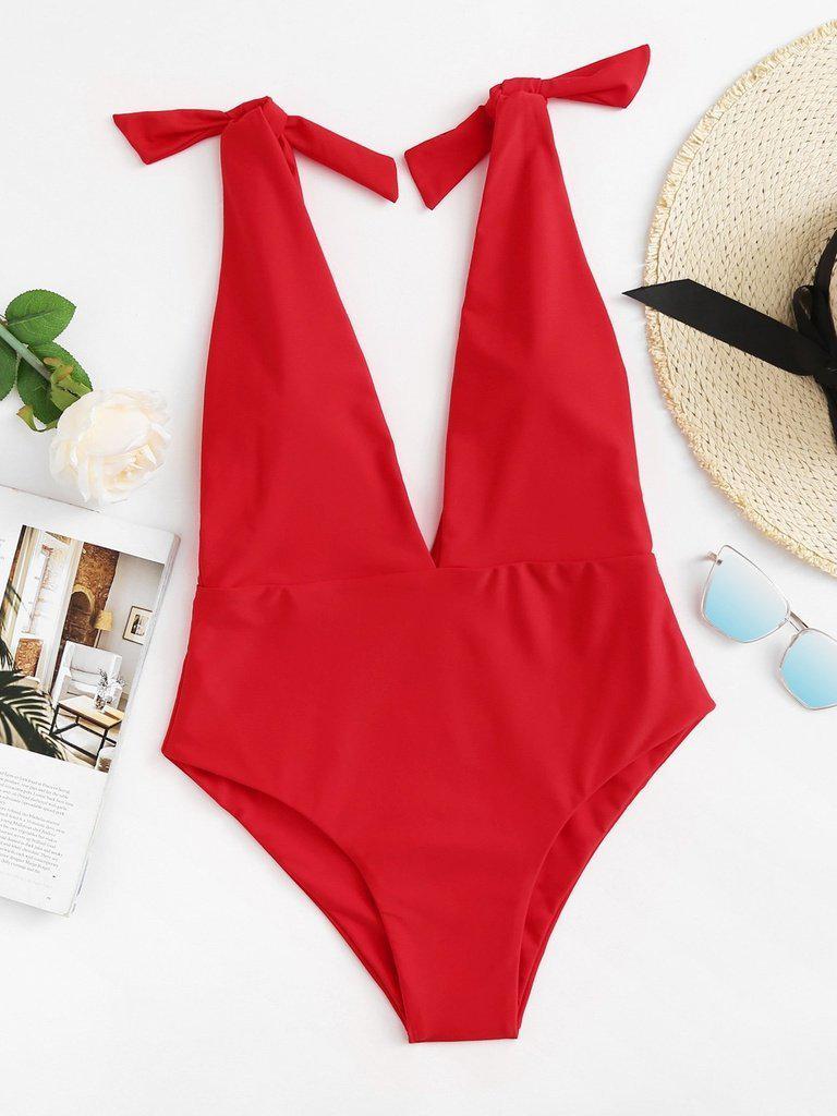 Deep V Neck Knot Swimsuit-swimwear-Des Mess