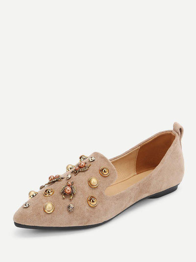 Faux Pearl Decorated Pointed Toe Flats-shoes-Des Mess