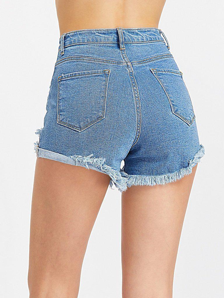 Frayed Roll Hem Distressed Denim Shorts-bottom-Des Mess