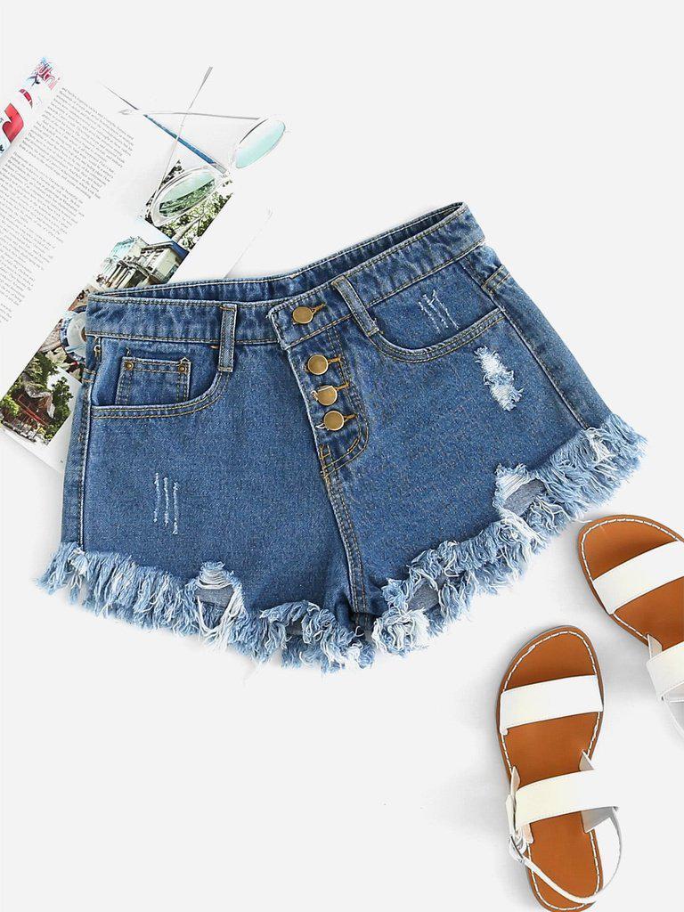 Distressed Fray Hem Denim Shorts-bottom-Des Mess
