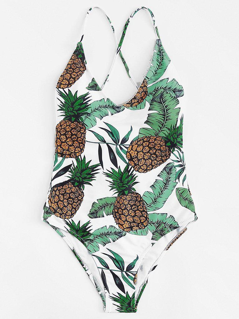 Cross Back Pineapple Print Swimsuit-swimwear-Des Mess