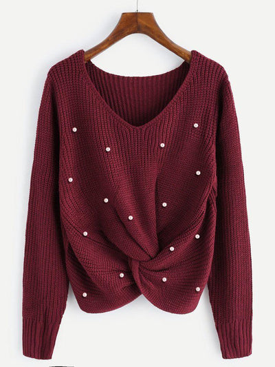 Pearl Beaded Detail Twist Sweater-outerwear-Des Mess
