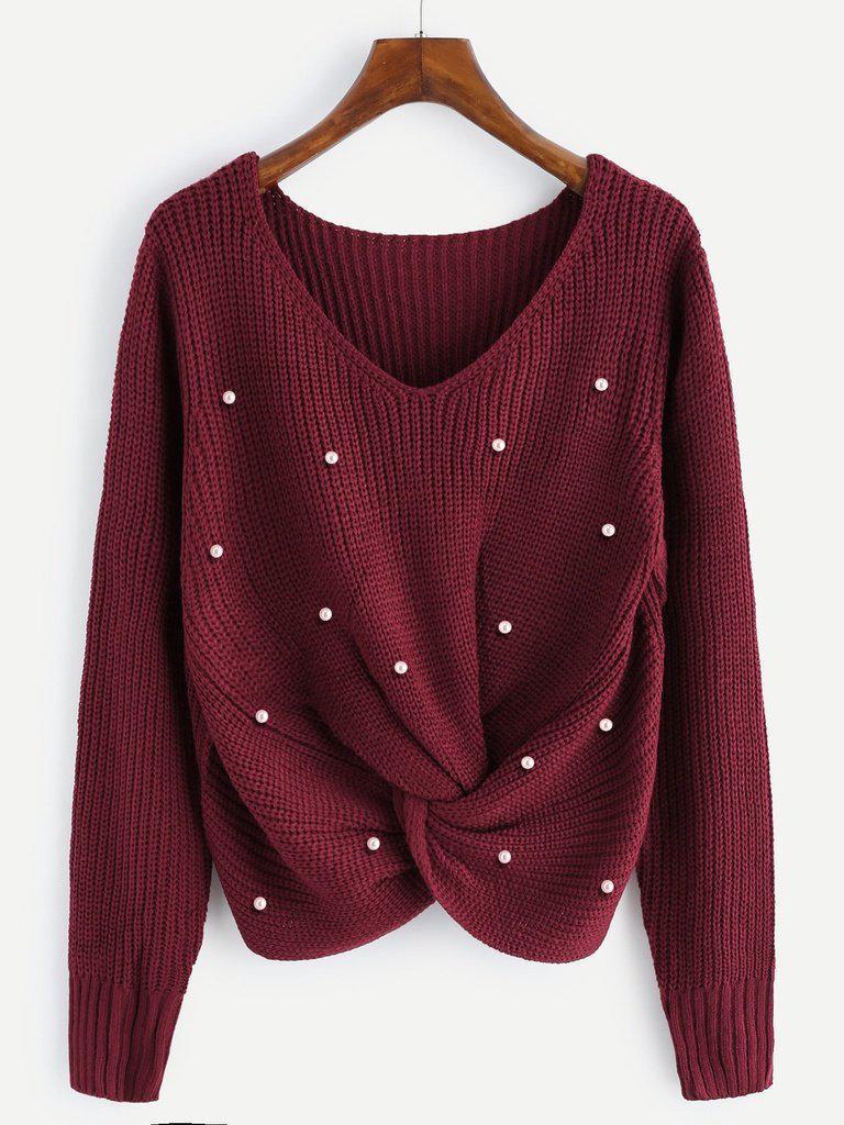 Pearl Beaded Detail Twist Sweater-outerwear-Des Mess