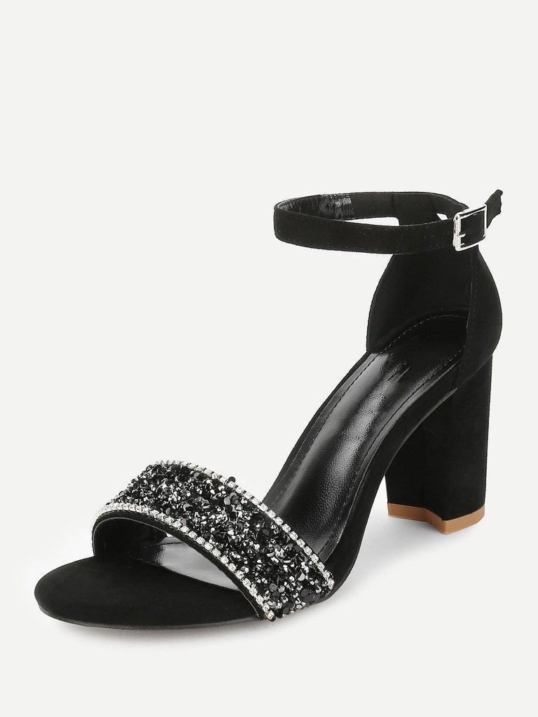 Rhinestone Decorated Block Heeled Sandals-shoes-Des Mess