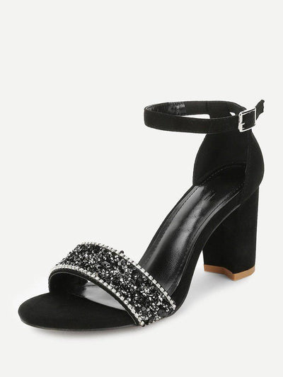 Rhinestone Decorated Block Heeled Sandals-shoes-Des Mess