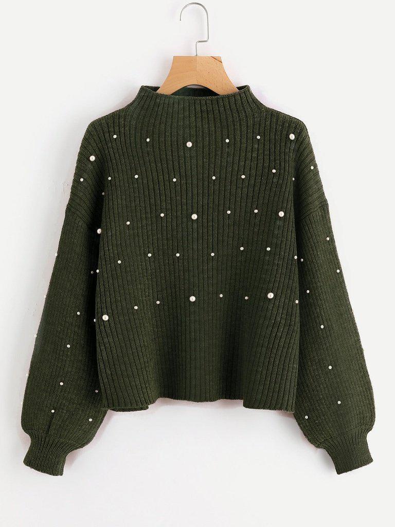 Pearl Embellished Exaggerated Bishop Sleeve Ribbed Sweater-outerwear-Des Mess