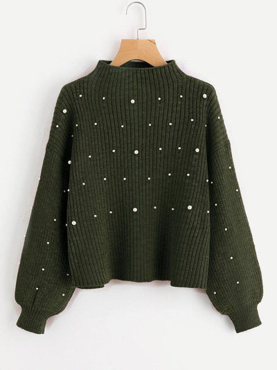Pearl Embellished Exaggerated Bishop Sleeve Ribbed Sweater-outerwear-Des Mess