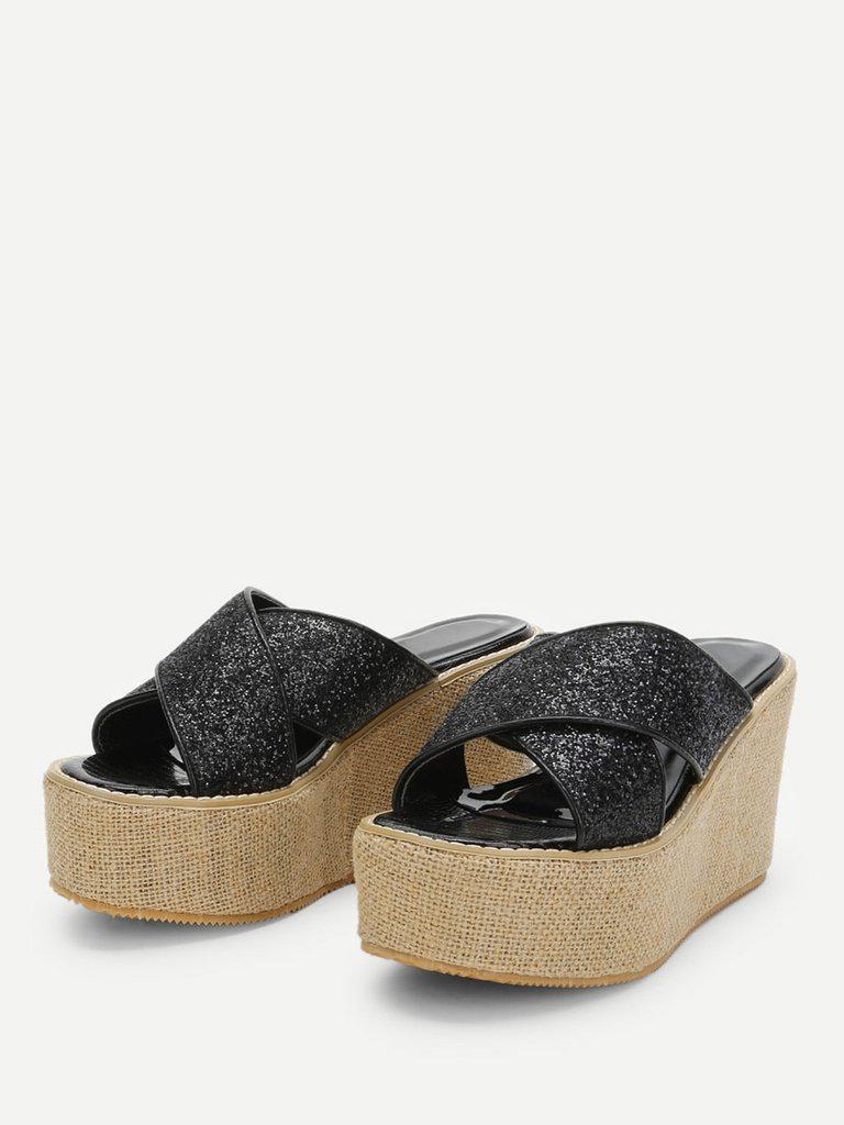 Glitter Criss Cross Design Wedge Sandals-shoes-Des Mess