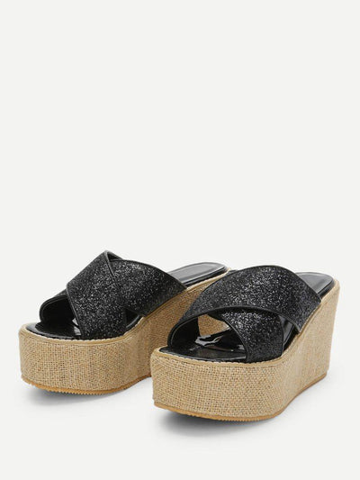 Glitter Criss Cross Design Wedge Sandals-shoes-Des Mess