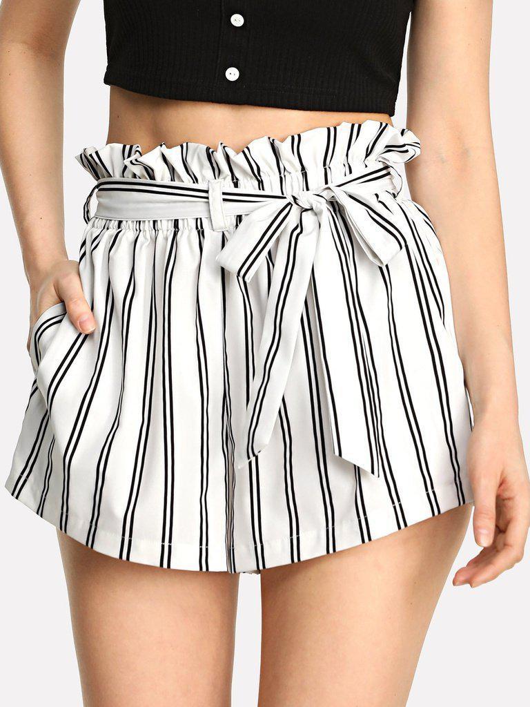 Striped Self Tie Waist Pocket Side Shorts-bottom-Des Mess