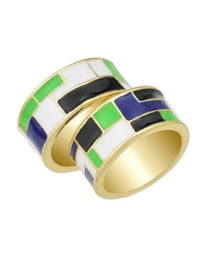 Green-8 Enamel Geometric Pattern Finger Rings-jewelry-Des Mess