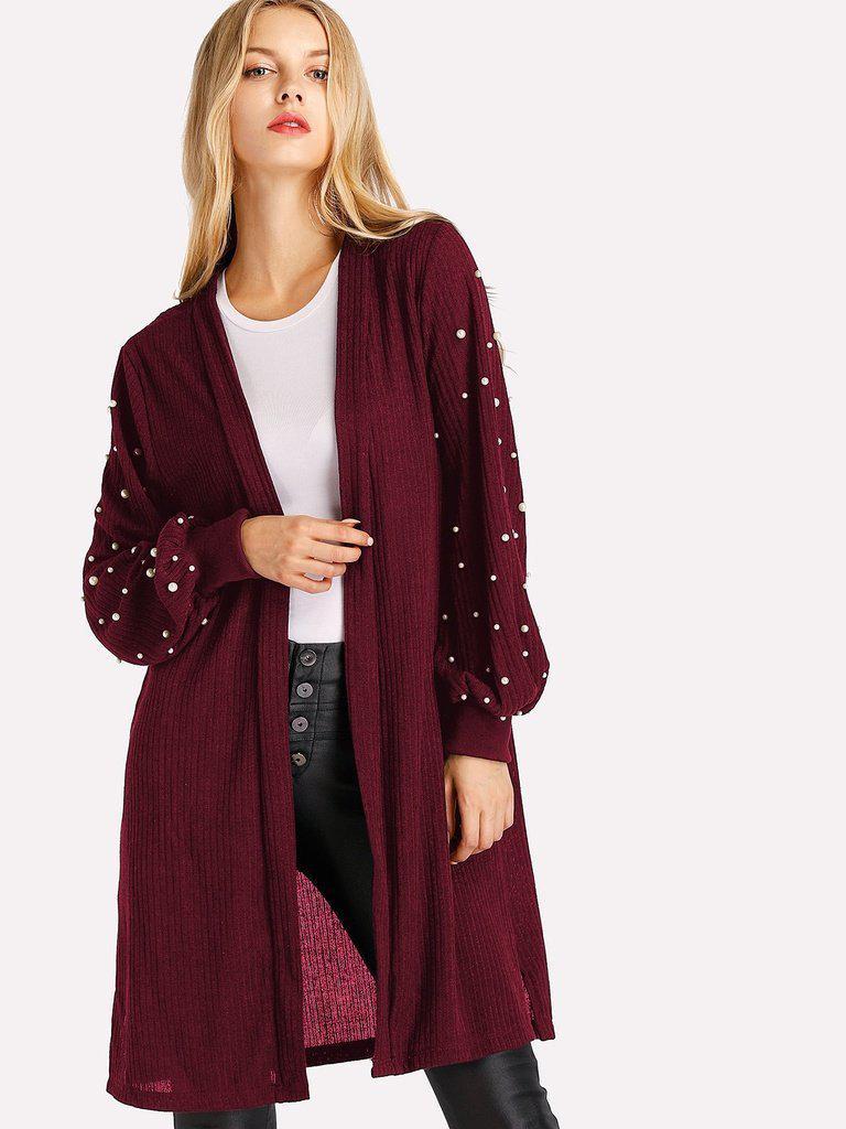 Pearl Beading Balloon Sleeve Cardigan-outerwear-Des Mess