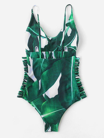 Green Leaf Print Ladder Cutout One-Piece Swimwear-swimwear-Des Mess