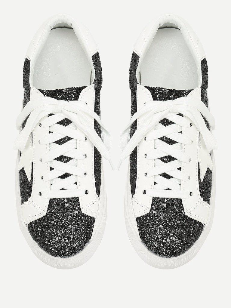 Star Patch Glitter Lace Up Sneakers-shoes-Des Mess