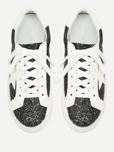 Star Patch Glitter Lace Up Sneakers-shoes-Des Mess