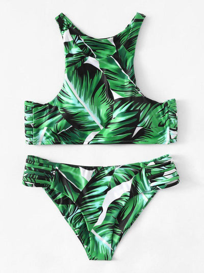 Leaf Print Ladder Cutout Racer Back Tankini-swimwear-Des Mess