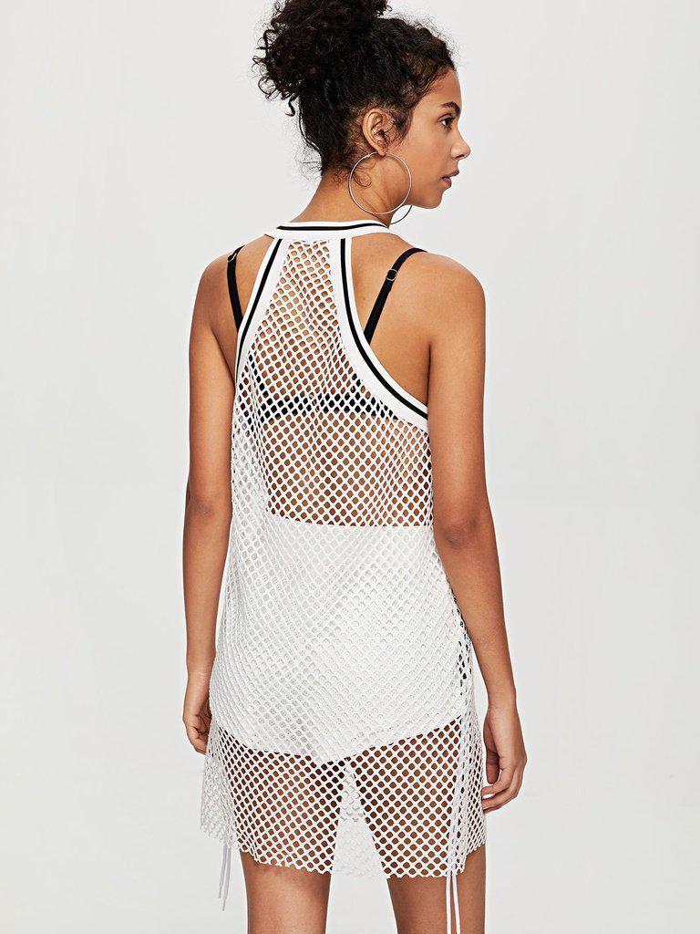 Contrast Striped Trim Fishnet Mesh Dress-sportswear-Des Mess
