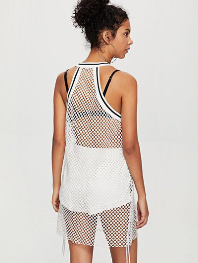 Contrast Striped Trim Fishnet Mesh Dress-sportswear-Des Mess