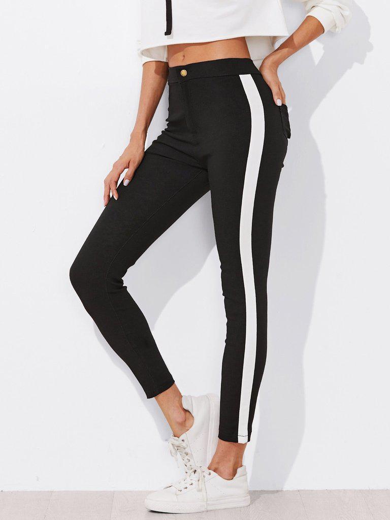 Contrast Panel Side Skinny Ankle Jeans-bottom-Des Mess