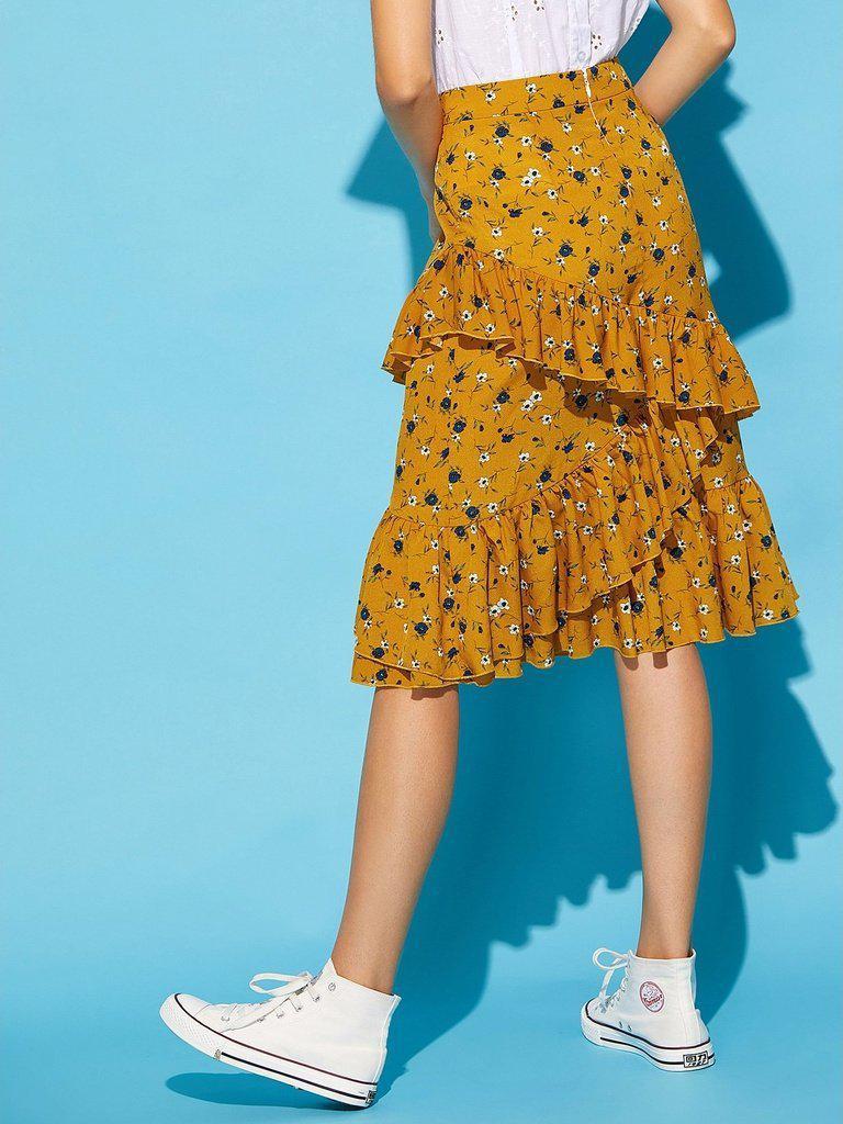 Asymmetric Ruffle Trim Ditsy Skirt-bottom-Des Mess