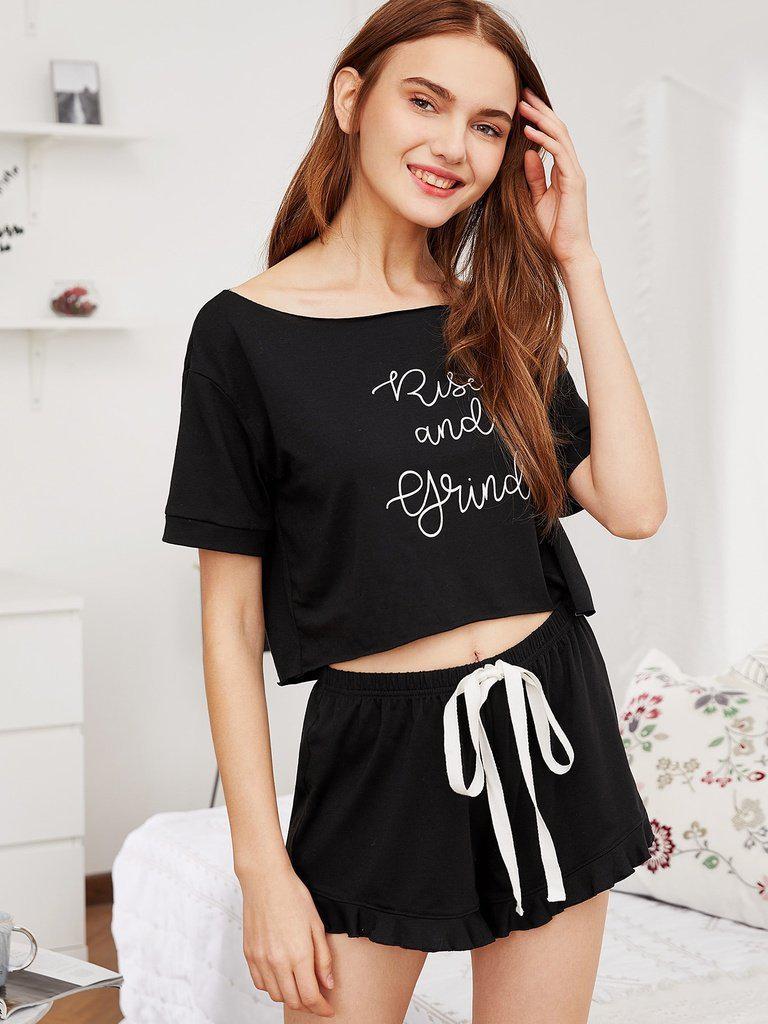 High Low Top And Frill Hem Shorts Pajama Set-loungewear-Des Mess