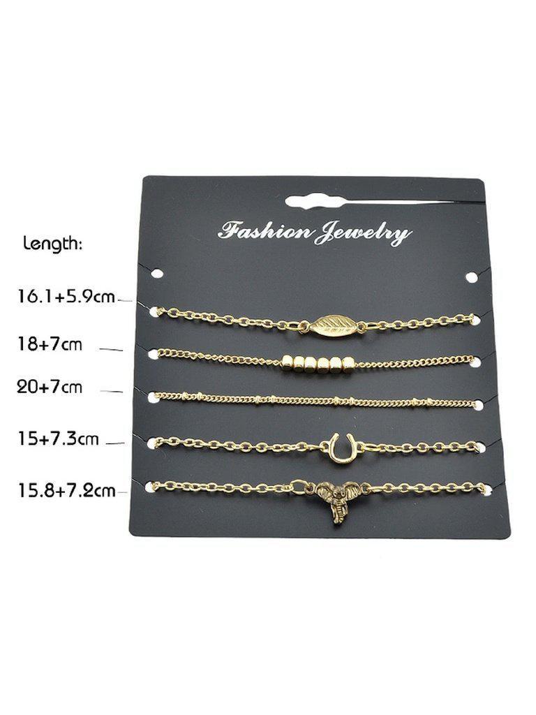 5Pcs/Set Boho Chic Leaf V Shape Elephant Head Charm Bracelets--Des Mess