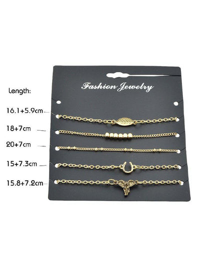 5Pcs/Set Boho Chic Leaf V Shape Elephant Head Charm Bracelets--Des Mess