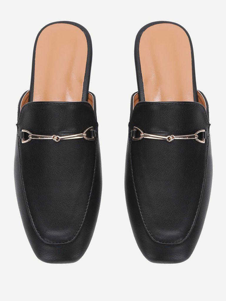 Metal Detail Square Toe PU Flats-shoes-Des Mess