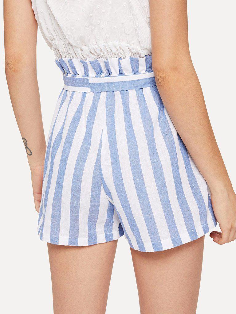 Self Belted Frill Waist Stripe Shorts-bottom-Des Mess