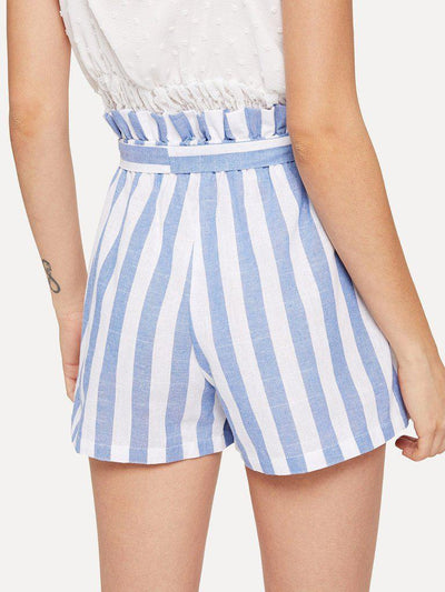 Self Belted Frill Waist Stripe Shorts-bottom-Des Mess