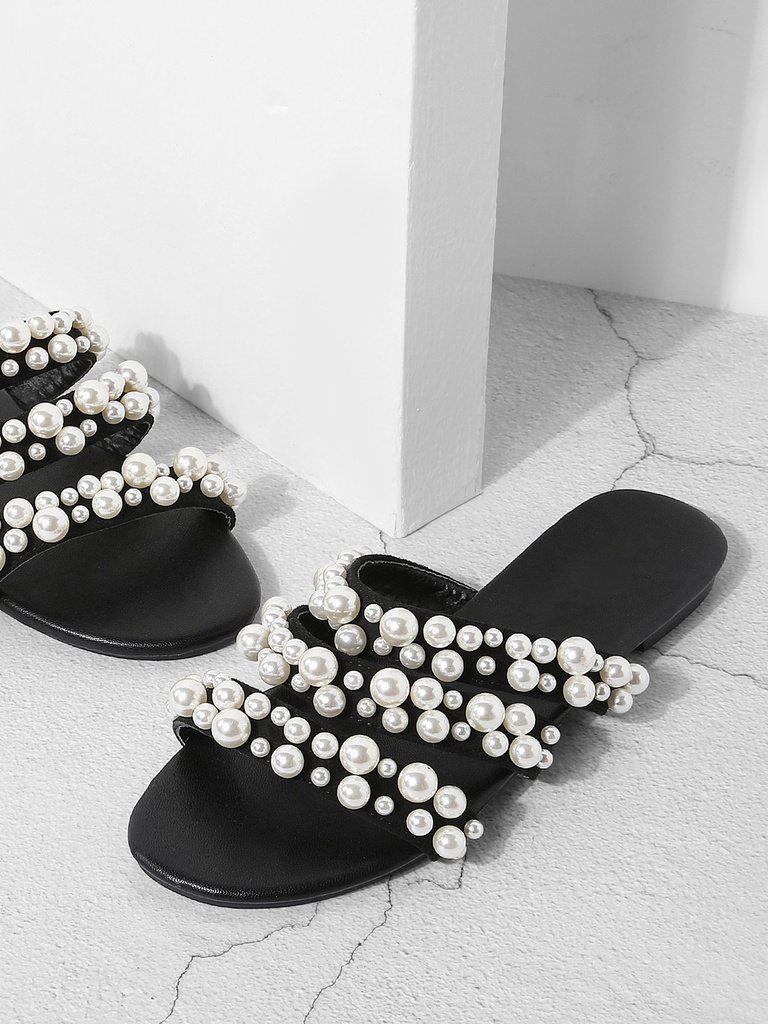 Faux Pearl Decorated Flat Sandals-shoes-Des Mess