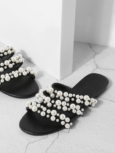 Faux Pearl Decorated Flat Sandals-shoes-Des Mess