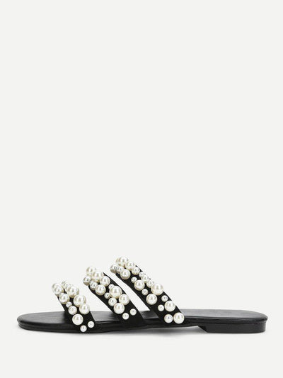 Faux Pearl Decorated Flat Sandals-shoes-Des Mess