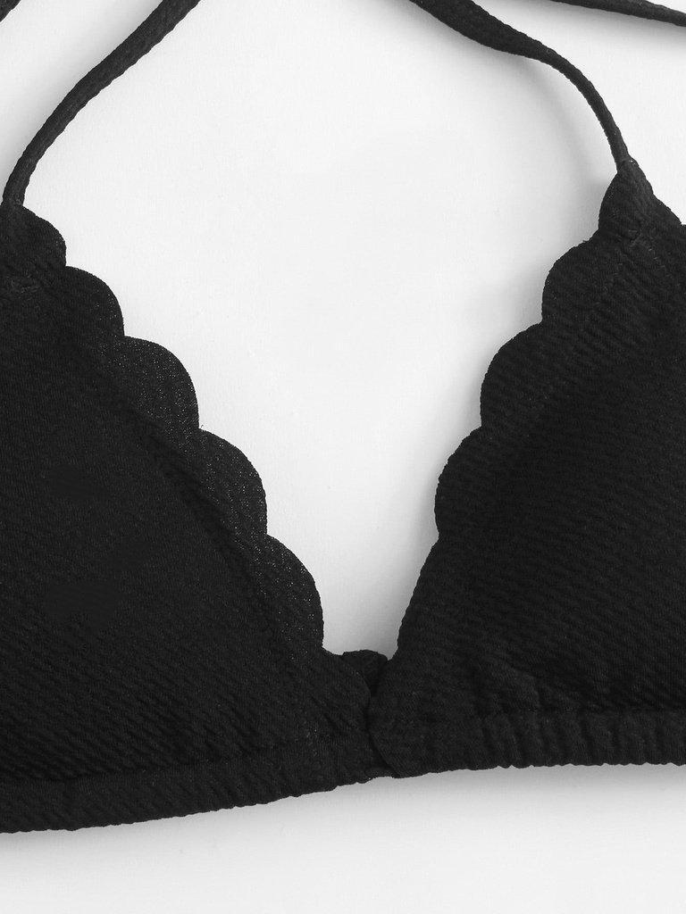 Knot Detail Scallop Trim Textured Bikini Set-swimwear-Des Mess