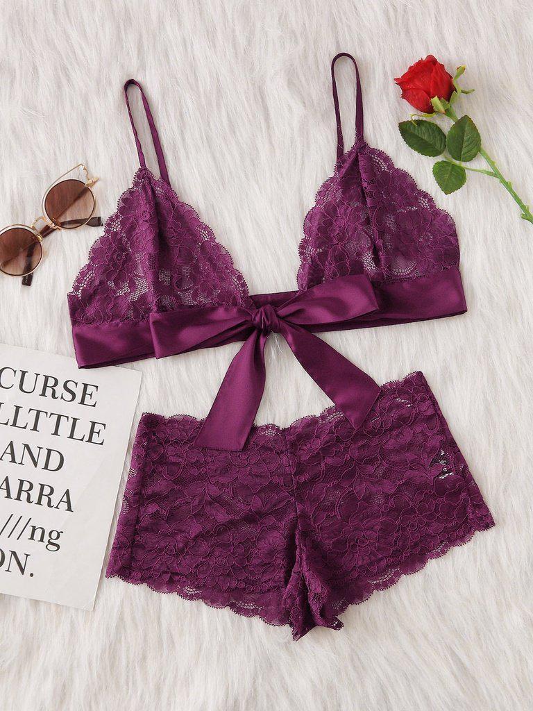 Tie Front Lace Bralette And Pantie Lingerie Set