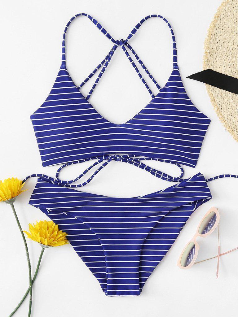 Striped Self Tie Bikini Set-swimwear-Des Mess