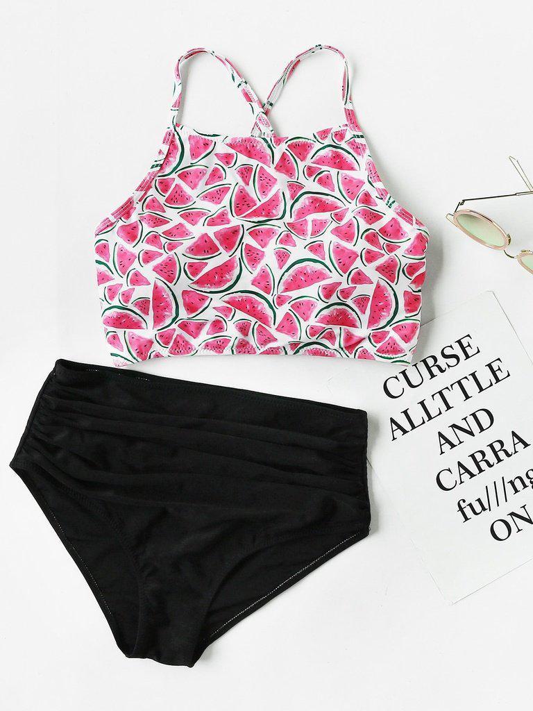 Watermelon Print Ruched Bikini Set-swimwear-Des Mess