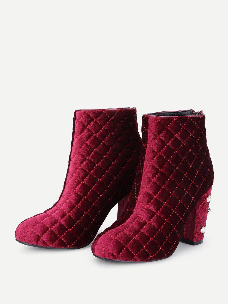 Faux Pearl Quilted Block Heeled Ankle Boots-shoes-Des Mess
