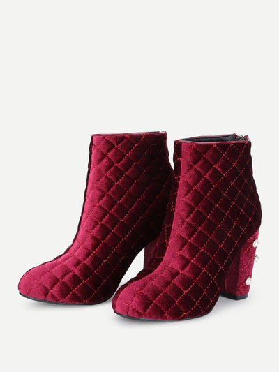 Faux Pearl Quilted Block Heeled Ankle Boots-shoes-Des Mess