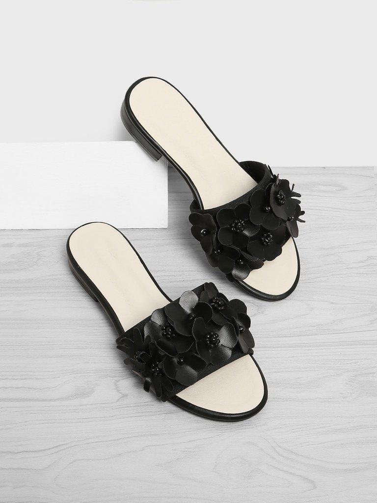 Flower Decorated PU Flat Sliders-shoes-Des Mess