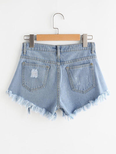 Distress Fray Hem Single Breasted Denim Shorts-bottom-Des Mess