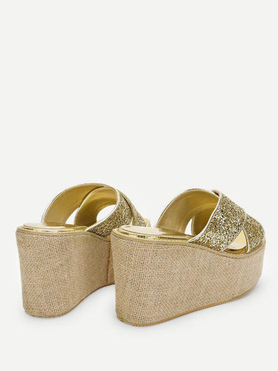 Glitter Criss Cross Design Wedge Sandals-shoes-Des Mess