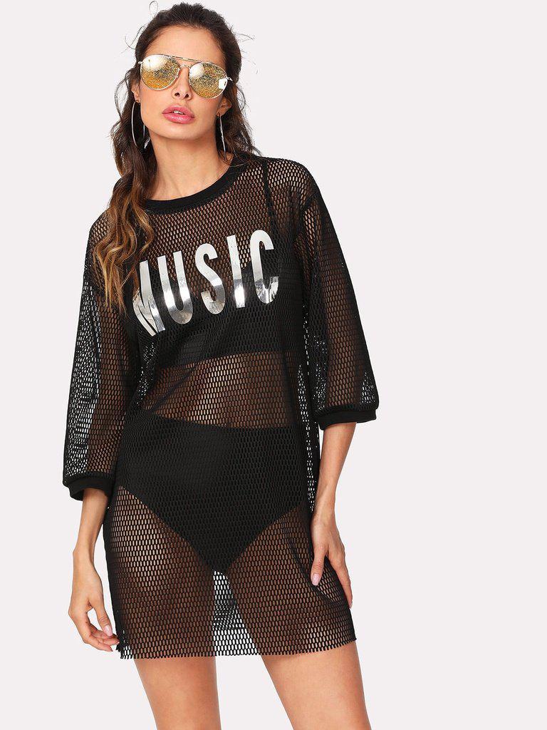 Letter Print Longline Sport Mesh Top-sportswear-Des Mess