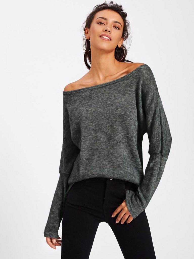 Asymmetric Shoulder Batwing Sleeve Sweater-outerwear-Des Mess