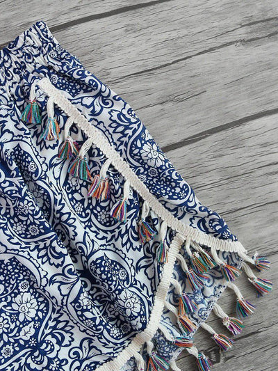 Damask Print Tassel Trim Wrap Shorts-bottom-Des Mess