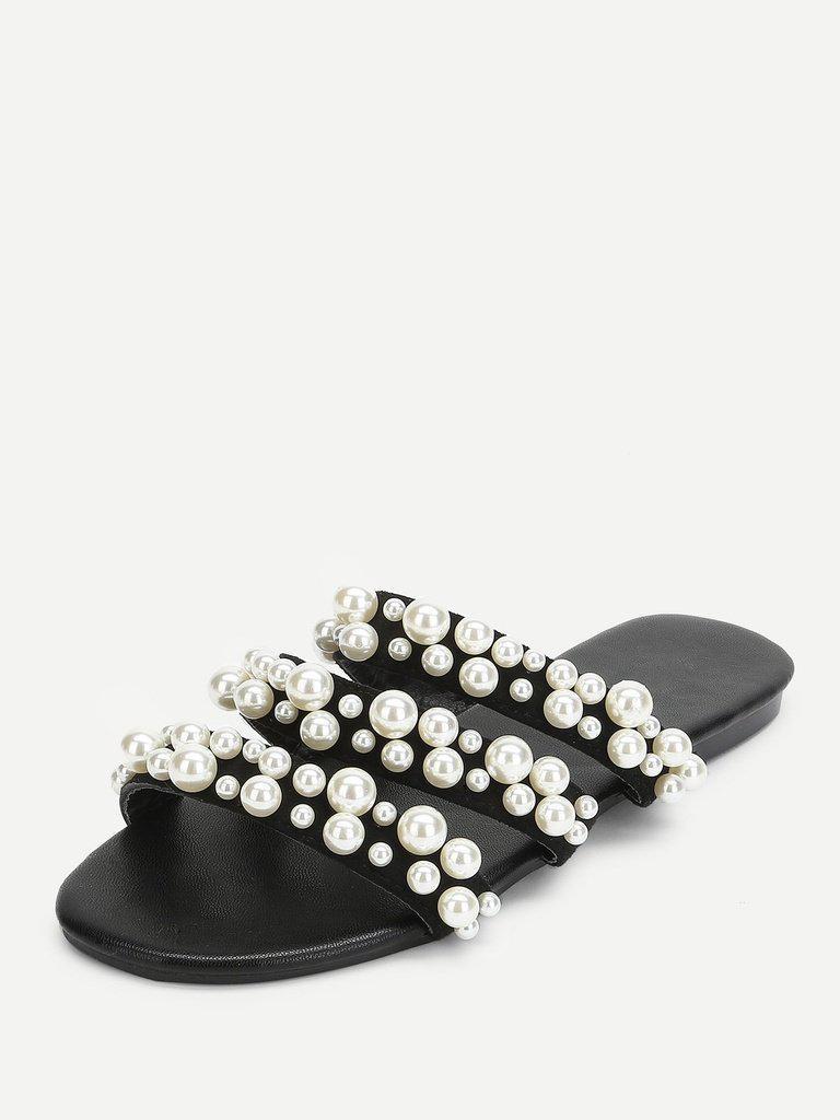 Faux Pearl Decorated Flat Sandals-shoes-Des Mess