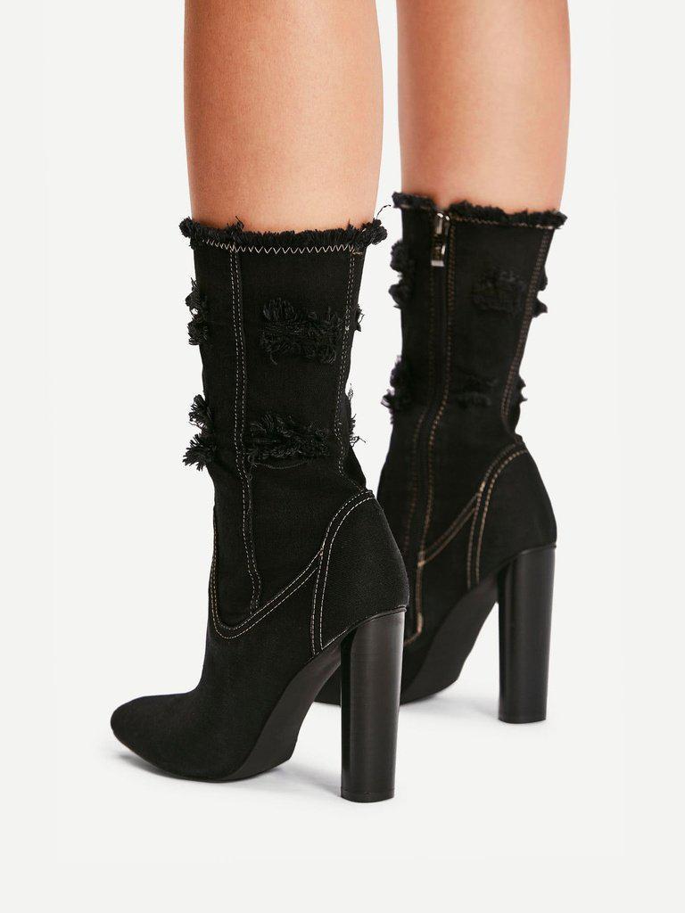 Distressed Top Denim Ankle Boots-shoes-Des Mess