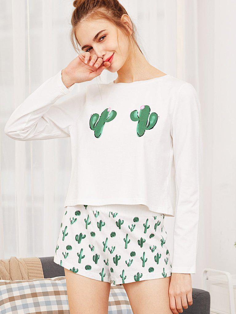 Cactus Print Tee And Shorts Pajama Set-loungewear-Des Mess